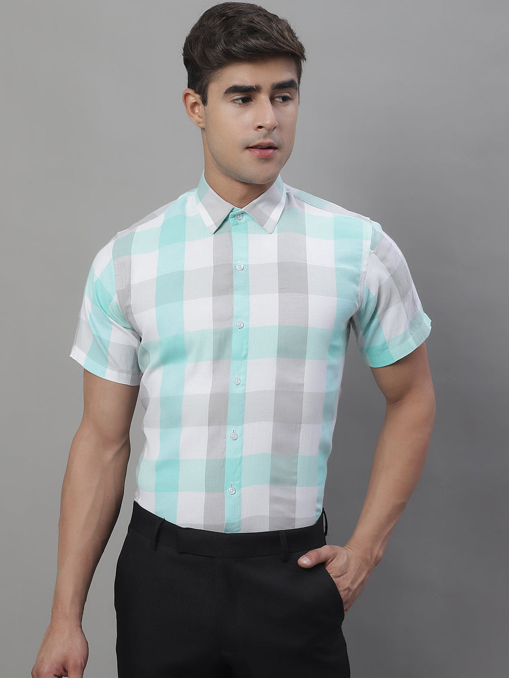 Jainish Men's Pure Cotton Checked Formal Shirts - Sky Blue | Grocsy