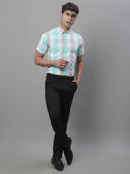 Jainish Men's Pure Cotton Checked Formal Shirts - Sky Blue | Grocsy