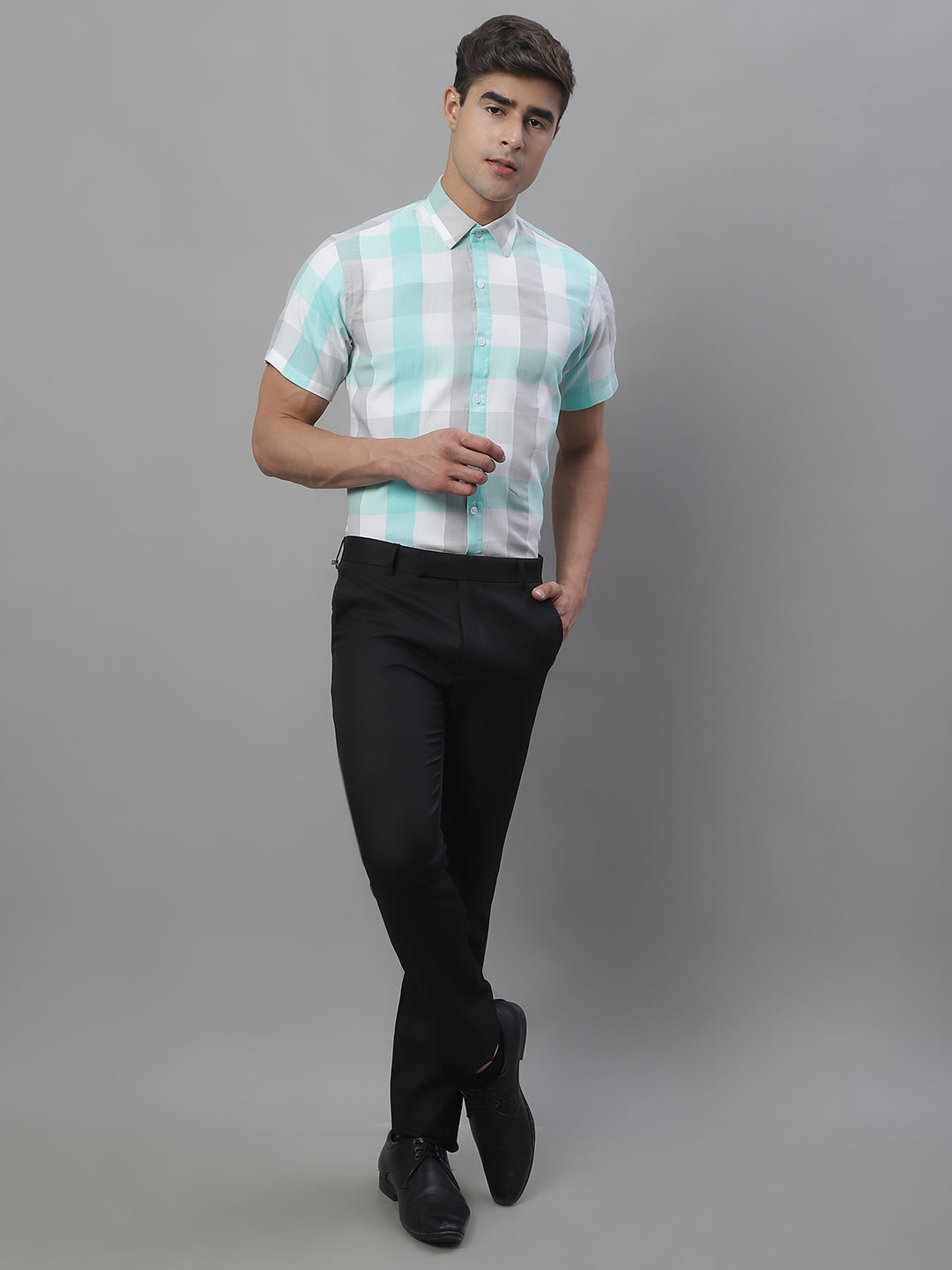 Jainish Men's Pure Cotton Checked Formal Shirts - Sky Blue | Grocsy
