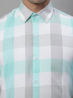 Jainish Men's Pure Cotton Checked Formal Shirts - Sky Blue | Grocsy