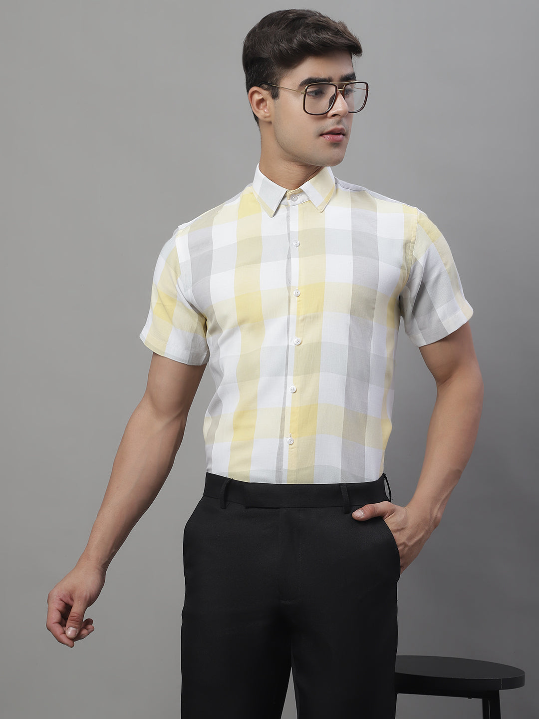 Jainish Men's Pure Cotton Checked Formal Shirts - Yellow | Grocsy