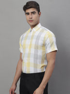 Jainish Men's Pure Cotton Checked Formal Shirts - Yellow | Grocsy