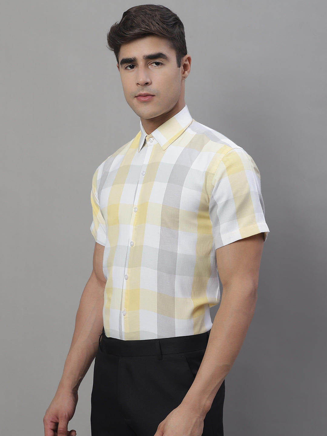 Jainish Men's Pure Cotton Checked Formal Shirts - Yellow | Grocsy
