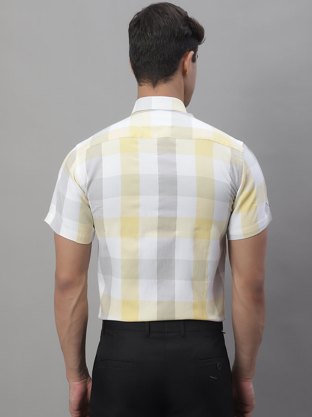 Jainish Men's Pure Cotton Checked Formal Shirts - Yellow | Grocsy