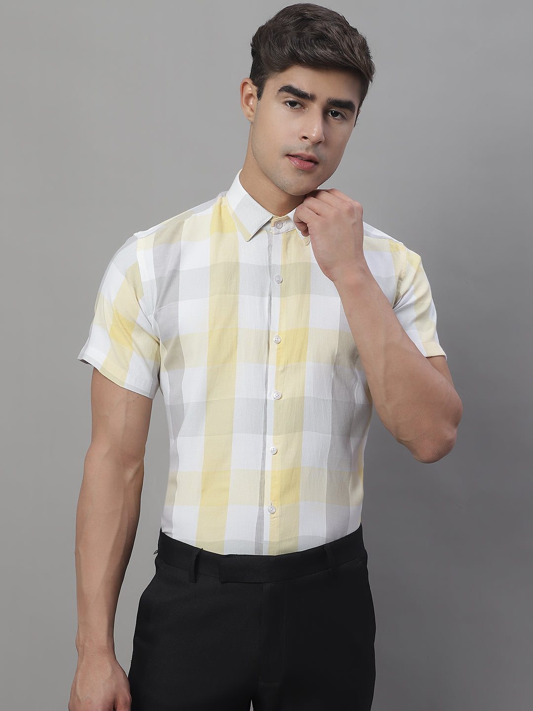 Jainish Men's Pure Cotton Checked Formal Shirts - Yellow | Grocsy