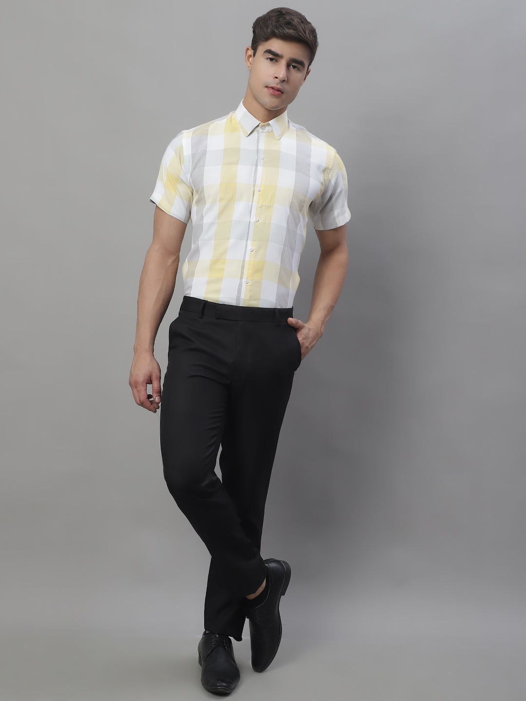 Jainish Men's Pure Cotton Checked Formal Shirts - Yellow | Grocsy
