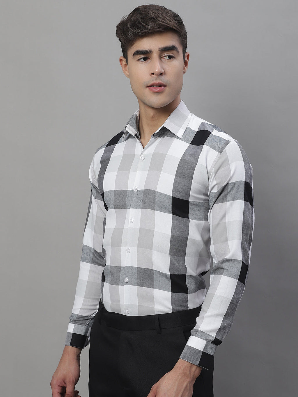 Jainish Men's Pure Cotton Checked Formal Shirts - Black | Grocsy