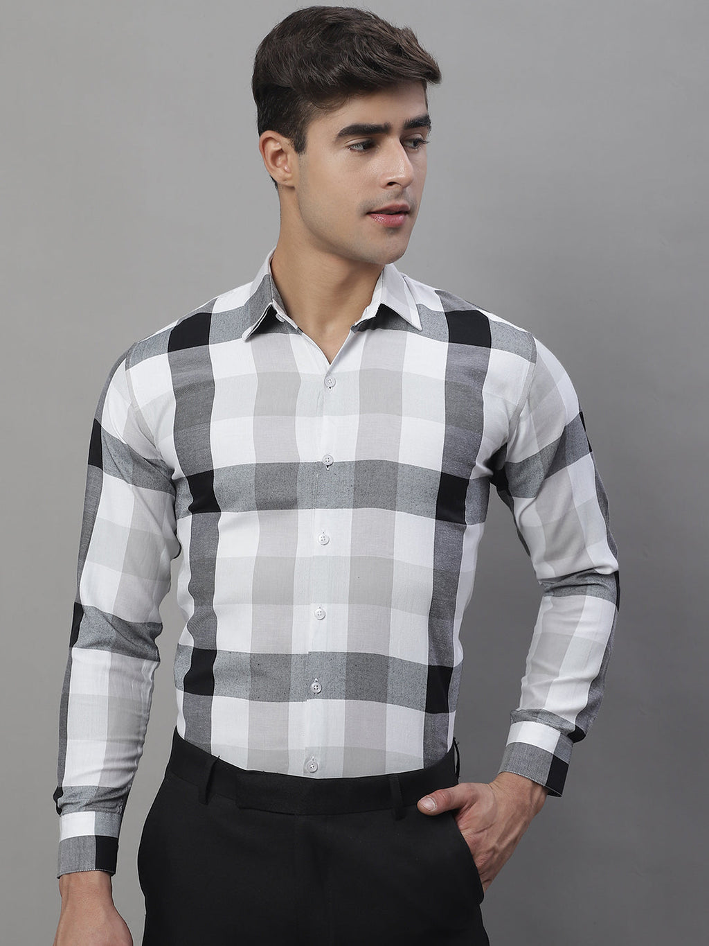 Jainish Men's Pure Cotton Checked Formal Shirts - Black | Grocsy