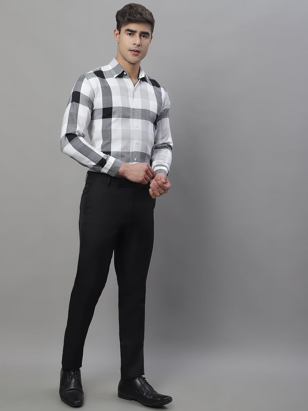 Jainish Men's Pure Cotton Checked Formal Shirts - Black | Grocsy