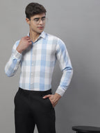 Jainish Men's Pure Cotton Checked Formal Shirts - Blue | Grocsy