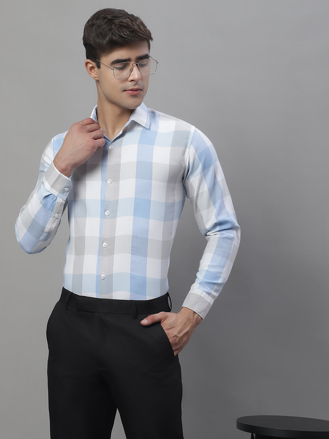 Jainish Men's Pure Cotton Checked Formal Shirts - Blue | Grocsy