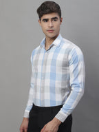 Jainish Men's Pure Cotton Checked Formal Shirts - Blue | Grocsy
