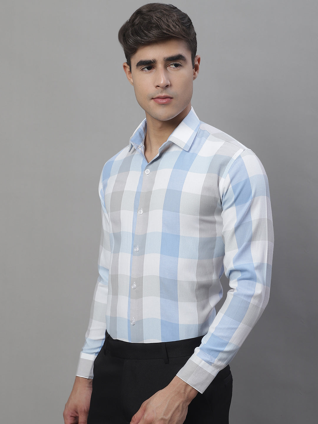Jainish Men's Pure Cotton Checked Formal Shirts - Blue | Grocsy