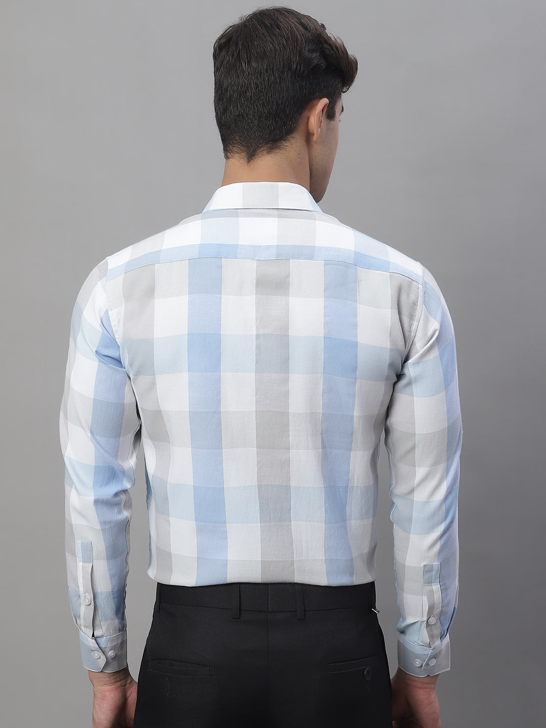 Jainish Men's Pure Cotton Checked Formal Shirts - Blue | Grocsy