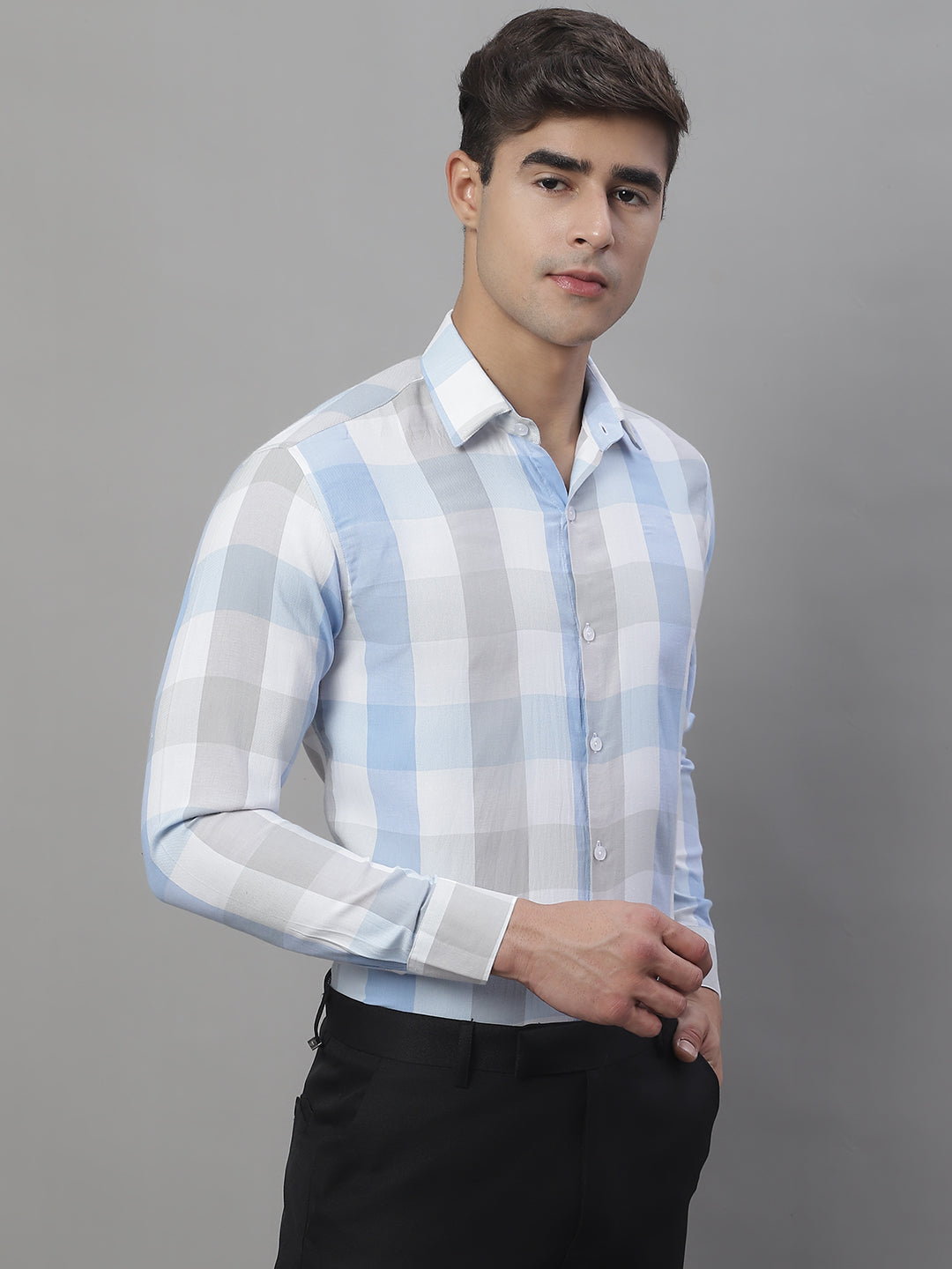 Jainish Men's Pure Cotton Checked Formal Shirts - Blue | Grocsy