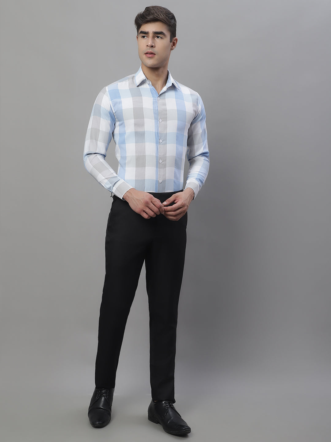 Jainish Men's Pure Cotton Checked Formal Shirts - Blue | Grocsy