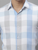 Jainish Men's Pure Cotton Checked Formal Shirts - Blue | Grocsy