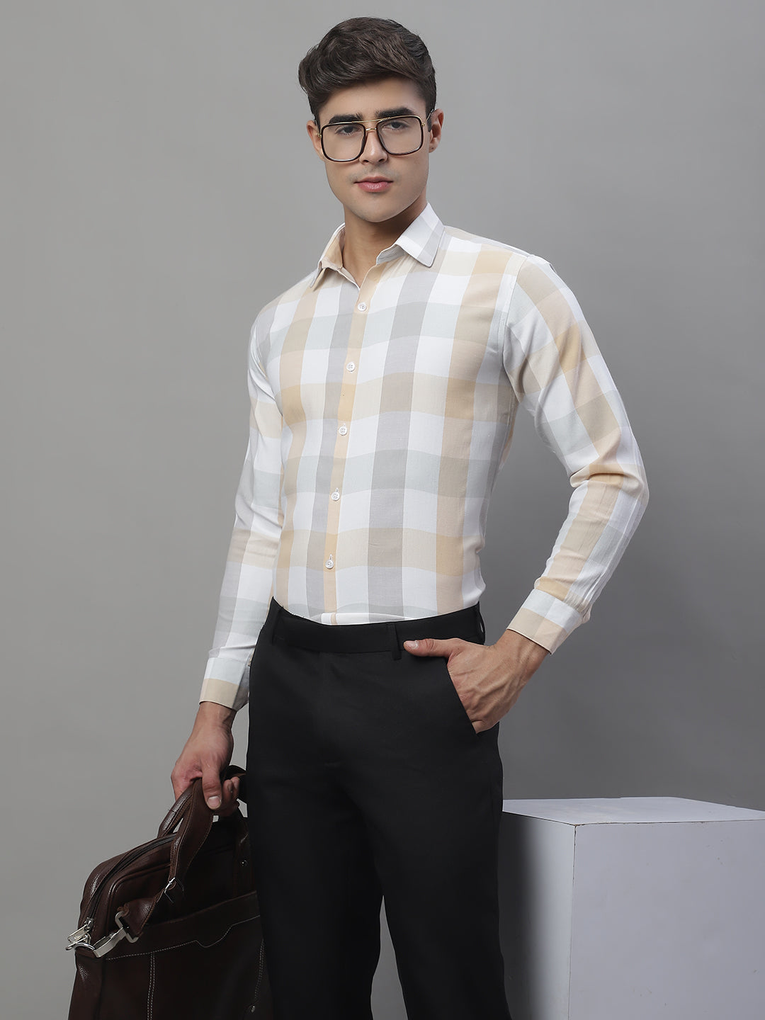 Jainish Men's Pure Cotton Checked Formal Shirts - Cream | Grocsy