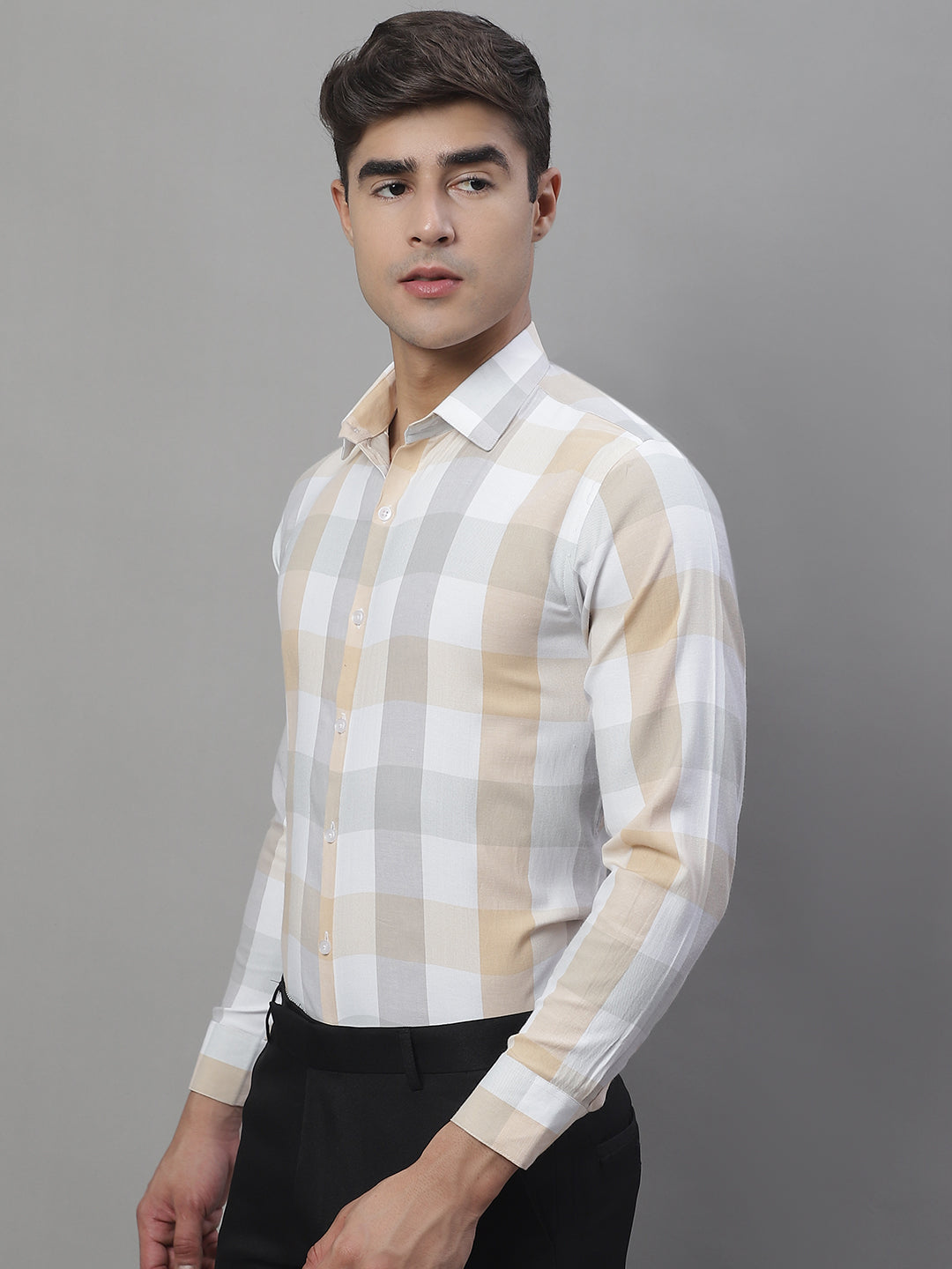 Jainish Men's Pure Cotton Checked Formal Shirts - Cream | Grocsy