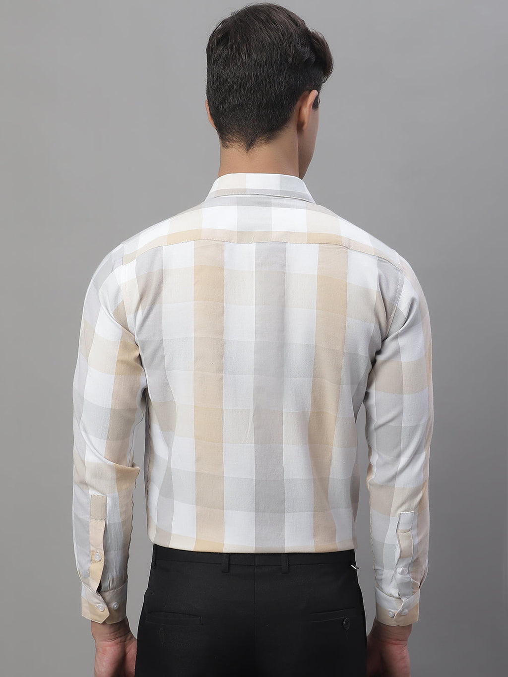 Jainish Men's Pure Cotton Checked Formal Shirts - Cream | Grocsy
