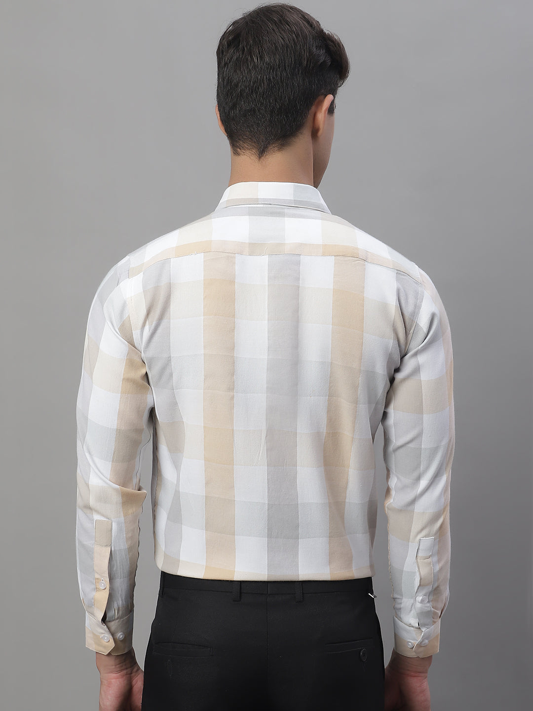 Jainish Men's Pure Cotton Checked Formal Shirts - Cream | Grocsy