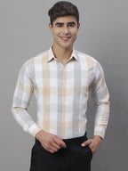 Jainish Men's Pure Cotton Checked Formal Shirts - Cream | Grocsy