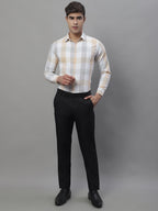 Jainish Men's Pure Cotton Checked Formal Shirts - Cream | Grocsy