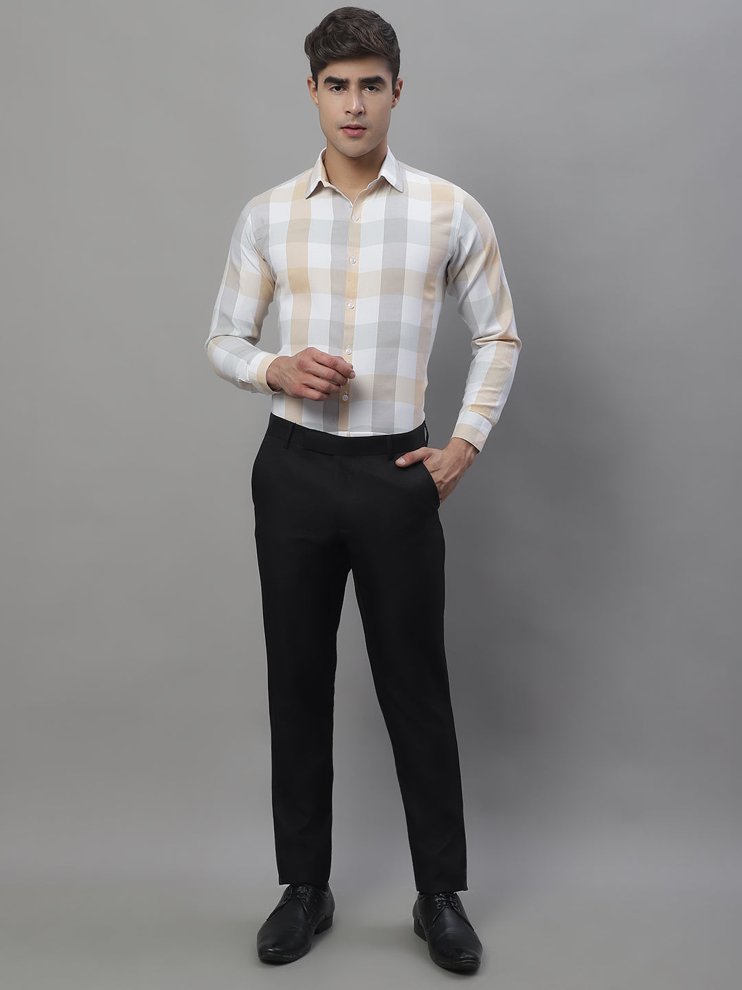 Jainish Men's Pure Cotton Checked Formal Shirts - Cream | Grocsy