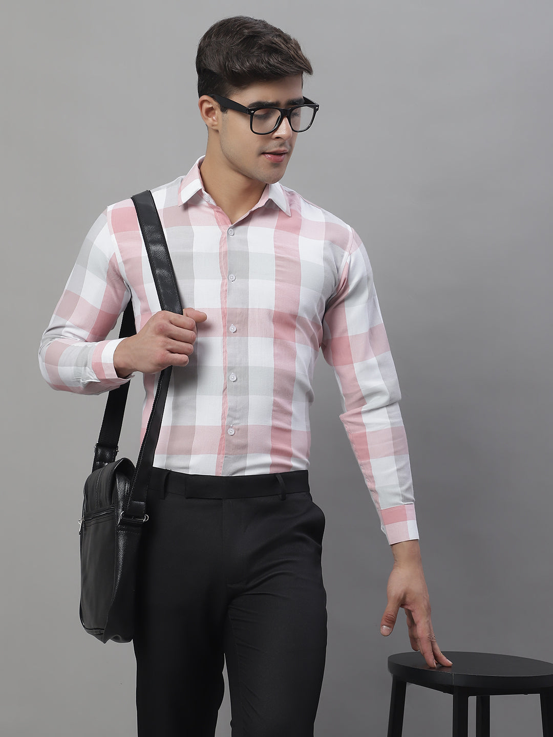 Jainish Men's Pure Cotton Checked Formal Shirts - Pink | Grocsy