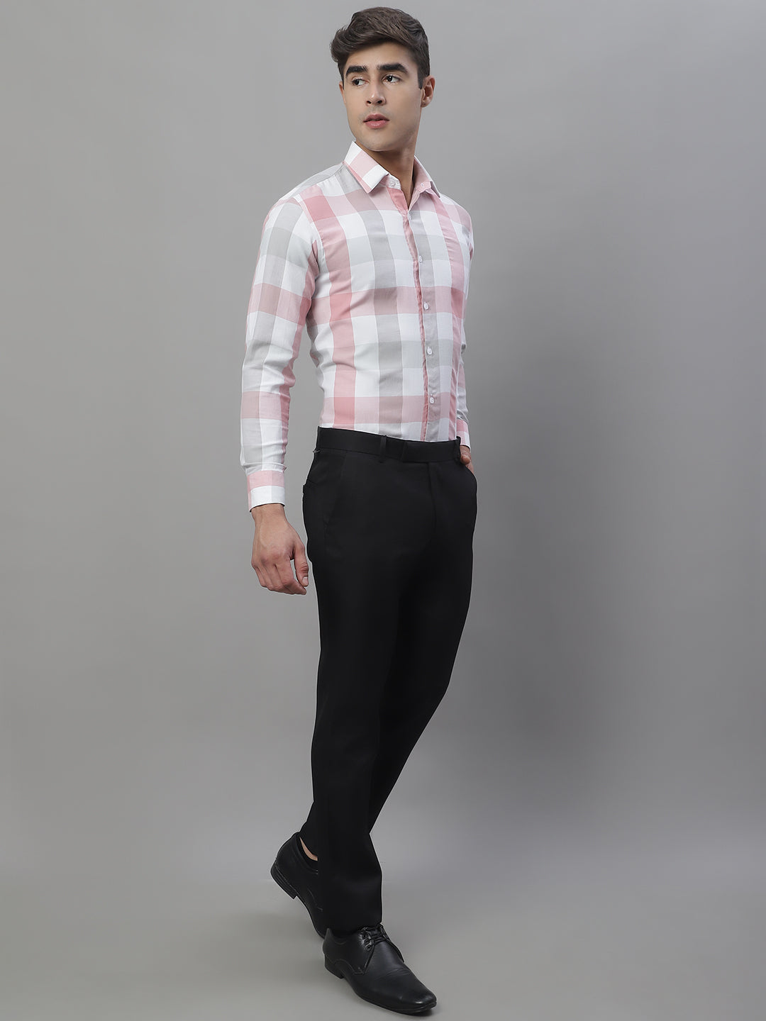 Jainish Men's Pure Cotton Checked Formal Shirts - Pink | Grocsy