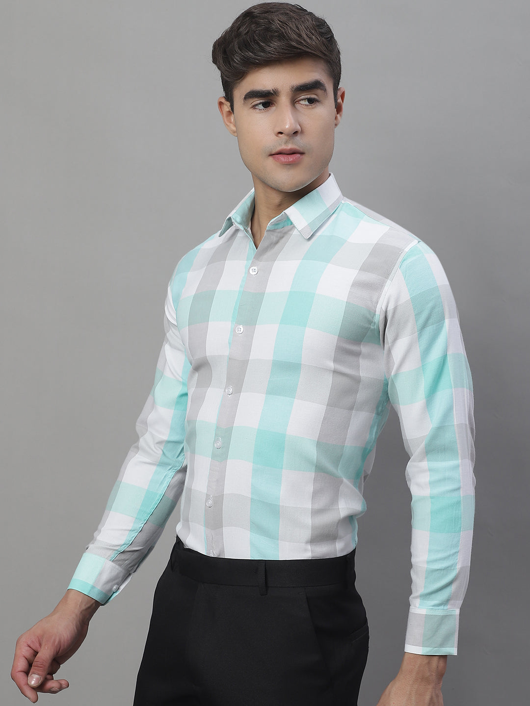 Jainish Men's Pure Cotton Checked Formal Shirts - Sky Blue | Grocsy