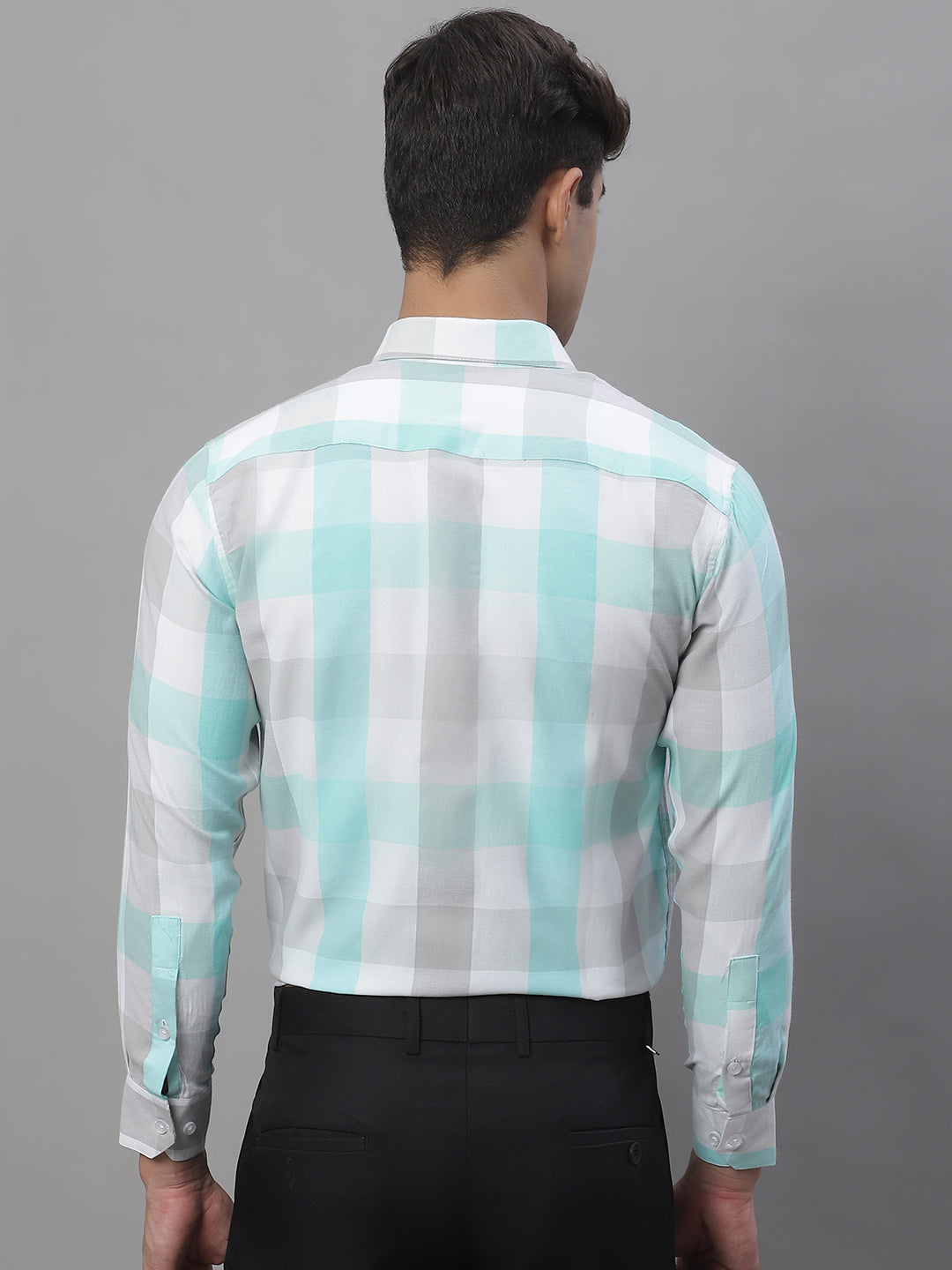 Jainish Men's Pure Cotton Checked Formal Shirts - Sky Blue | Grocsy