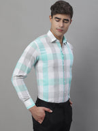 Jainish Men's Pure Cotton Checked Formal Shirts - Sky Blue | Grocsy