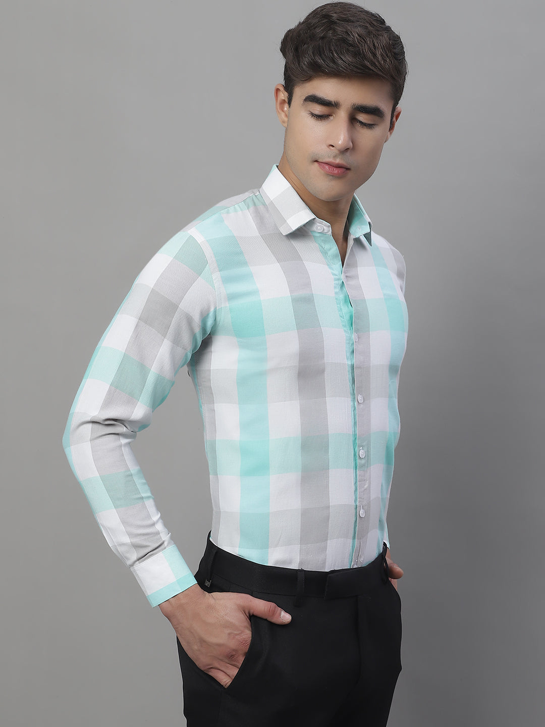 Jainish Men's Pure Cotton Checked Formal Shirts - Sky Blue | Grocsy