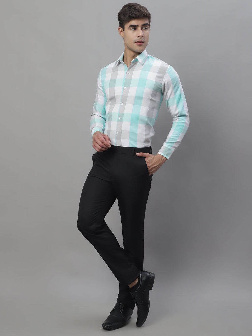 Jainish Men's Pure Cotton Checked Formal Shirts - Sky Blue | Grocsy
