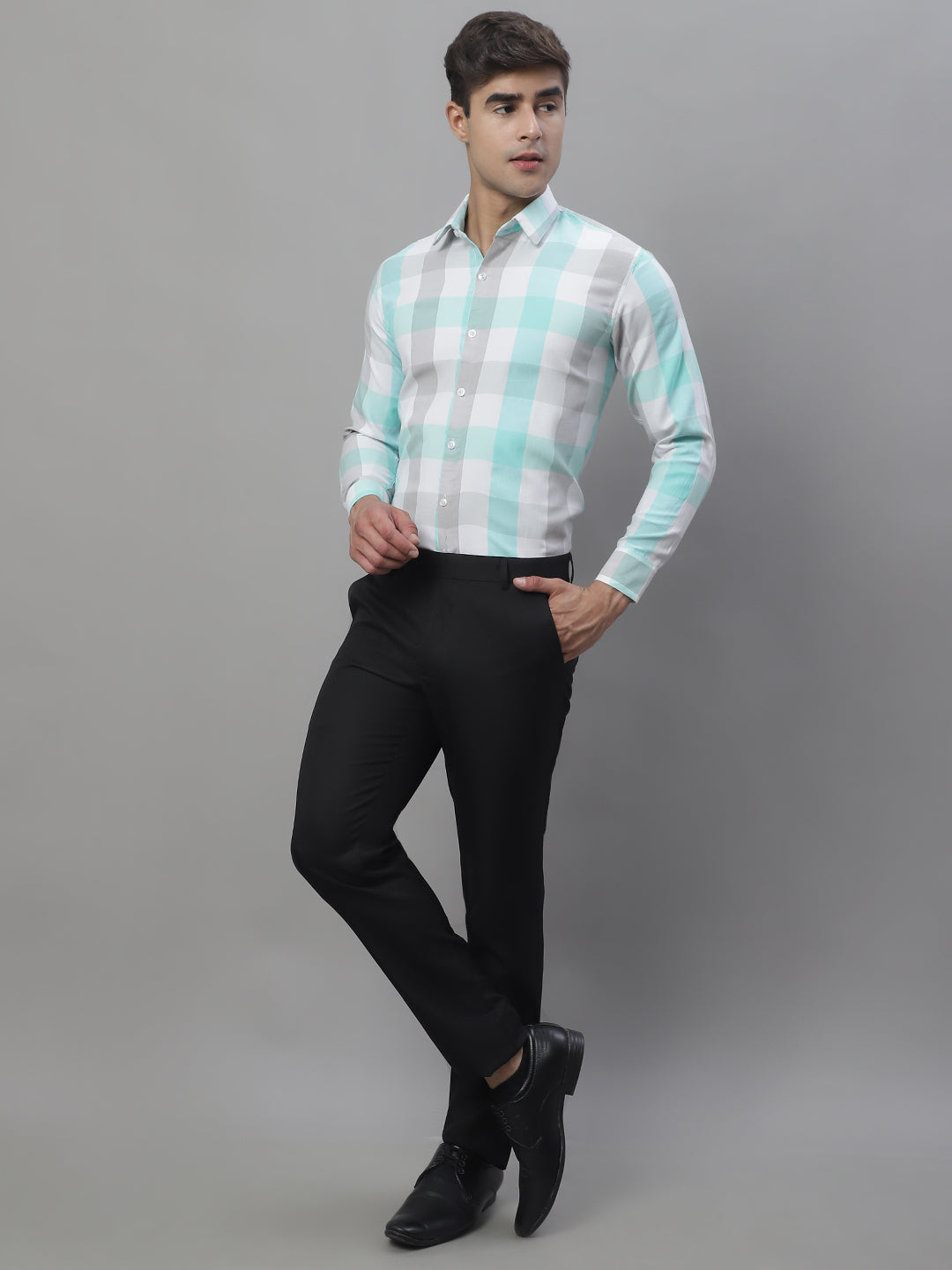 Jainish Men's Pure Cotton Checked Formal Shirts - Sky Blue | Grocsy