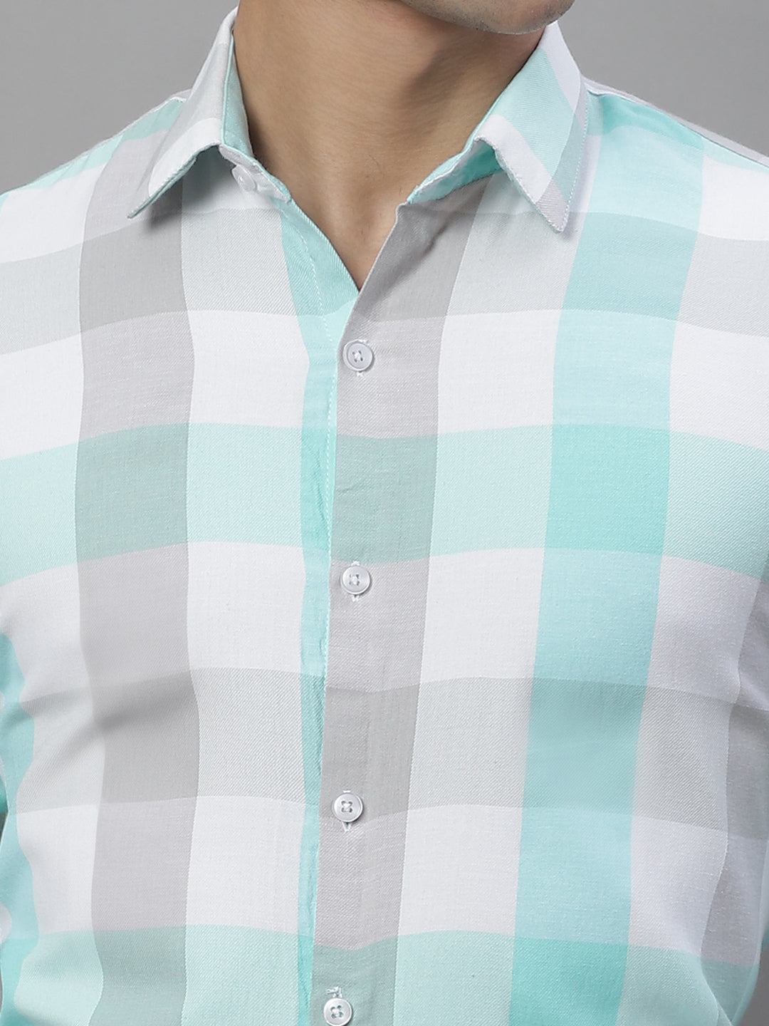 Jainish Men's Pure Cotton Checked Formal Shirts - Sky Blue | Grocsy
