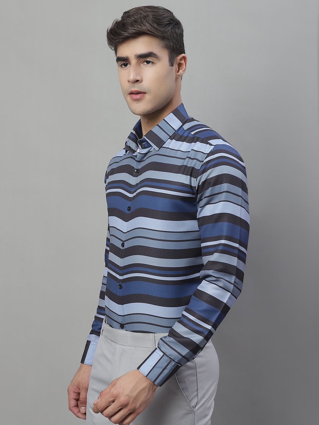 Jainish Men's Grey Classic Striped Formal Shirt - Grey | Grocsy
