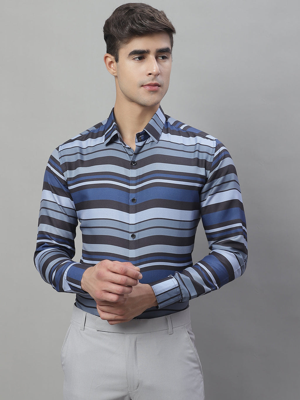 Jainish Men's Grey Classic Striped Formal Shirt - Grey | Grocsy