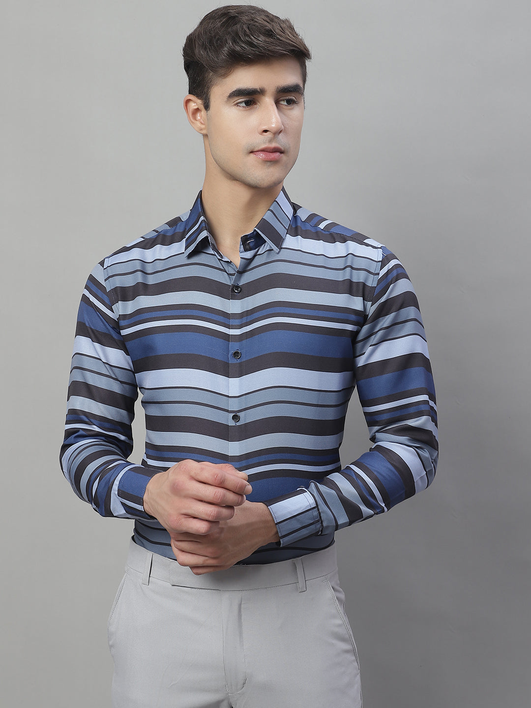 Jainish Men's Grey Classic Striped Formal Shirt - Grey | Grocsy