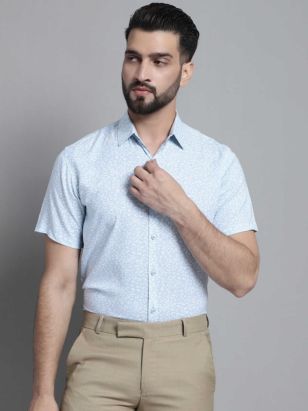 Jainish Men's Printed Formal Shirt - Sky Blue | Grocsy