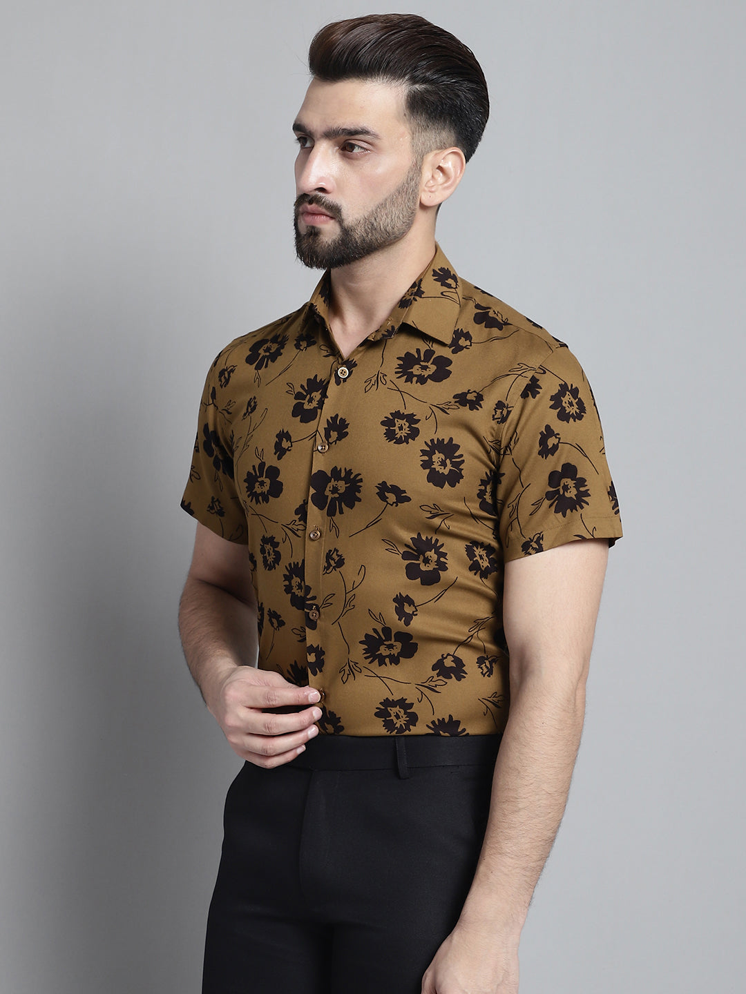 Jainish Men's Floral Printed Formal Shirt - Mustard | Grocsy