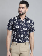 Jainish Men's Floral Printed Formal Shirt - Navy Blue | Grocsy