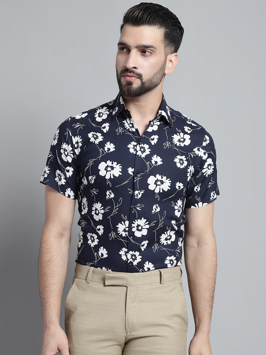 Jainish Men's Floral Printed Formal Shirt - Navy Blue | Grocsy