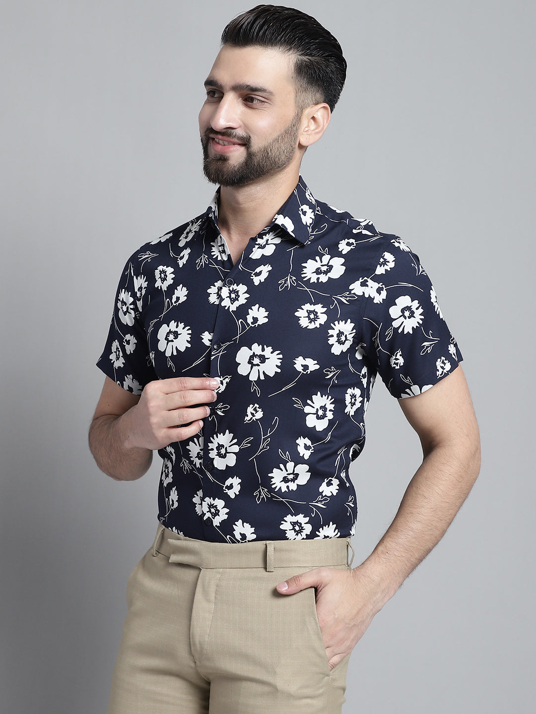 Jainish Men's Floral Printed Formal Shirt - Navy Blue | Grocsy