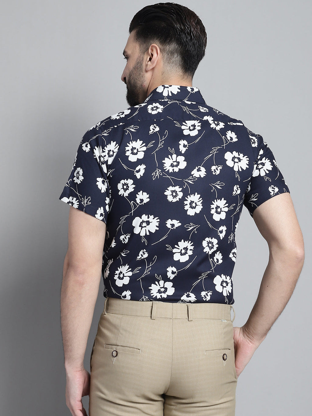 Jainish Men's Floral Printed Formal Shirt - Navy Blue | Grocsy