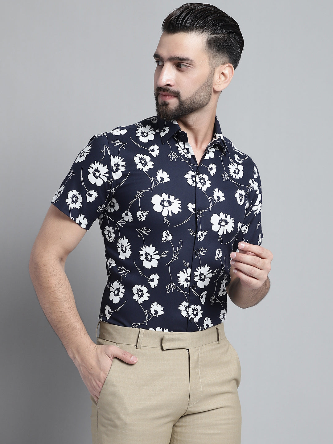 Jainish Men's Floral Printed Formal Shirt - Navy Blue | Grocsy