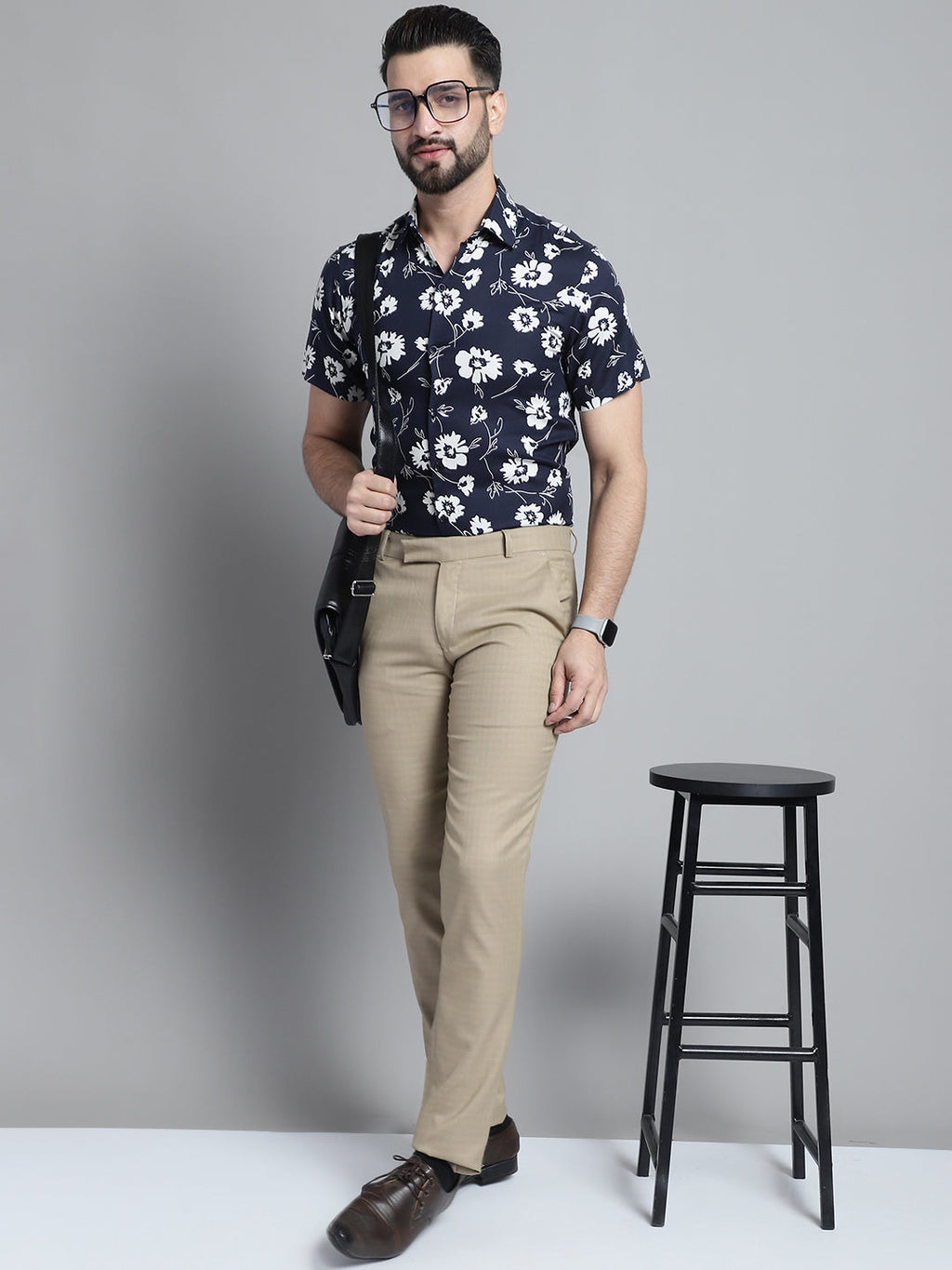 Jainish Men's Floral Printed Formal Shirt - Navy Blue | Grocsy