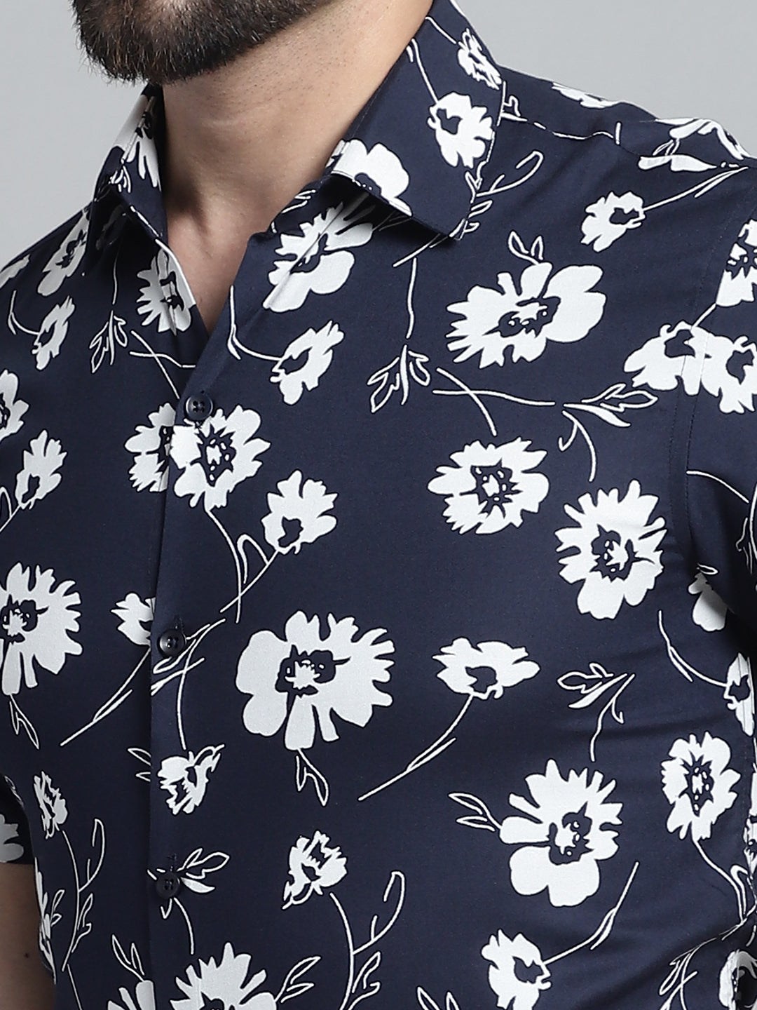 Jainish Men's Floral Printed Formal Shirt - Navy Blue | Grocsy