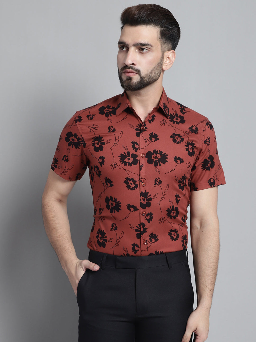 Jainish Men's Floral Printed Formal Shirt - Rust | Grocsy